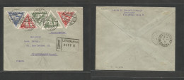 LATVIA. 1933 (28 March) Liepaja - France, Villeurbane (1 April) Registered Multifkd Env (x5) Triangular Stamps, Tied Cds - Lettland