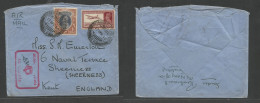 INDIA. 1940 (17 Apr) Naval Office Mail. Bombay - England, Kent, Sherness. Air Multifkd Env, High Rate, Tied Cds + Red Sp - Otros & Sin Clasificación