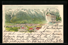 Lithographie Innsbruck, Hotel Kaiserhof, Ortsansicht Gegen Die Berge  - Autres & Non Classés