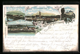 Lithographie Seekirchen B. Salzburg, Schloss Seeburg, Ortsansicht Aus Der Vogelschau  - Autres & Non Classés