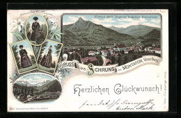 Lithographie Schruns /Vorarlberg, Montafoner Volkstrachten, Ortsansicht Aus Der Vogelschau  - Other & Unclassified