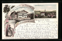 Lithographie Alberschwende /Vorarlberg, Gasthaus Zur Taube, Bregenzwälderin, Ortsansicht  - Autres & Non Classés