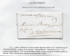 ARDENNES  Lettre Avec Texte 1710 Marque Postale Manuscrite DE CHARLEMONT Rare Et SUP - 1701-1800: Precursores XVIII