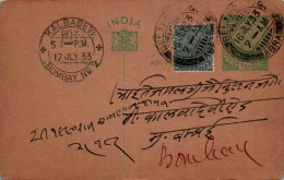 India Postal Stationery 1/2A George V  Kalbadevi Bombay Cds Agra Cds Mathura Das Padam Chand - Cartes Postales