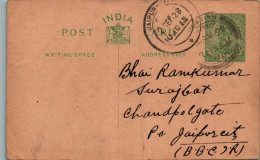 India Postal Stationery George V 1/2A Jaipur Cds - Cartes Postales