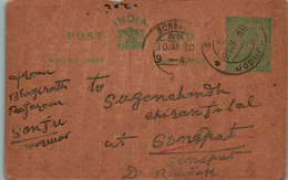 India Postal Stationery George V 1/2A Sonepat Cds Jodhpur Cds  - Postcards
