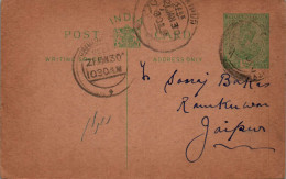 India Postal Stationery George V 1/2A To Jaipur - Postcards