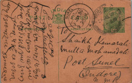 India Postal Stationery George V 1/2A Sunel Cds - Ansichtskarten