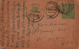 India Postal Stationery George V 1/2A Jaipur Cds - Ansichtskarten