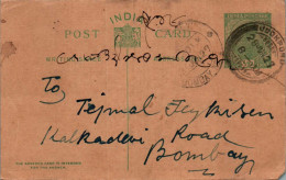 India Postal Stationery 1/2A George V To Bombay - Cartes Postales