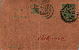 India Postal Stationery 1/2A George V Calcutta Cds To Bikaner - Postcards