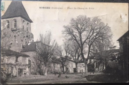 Cpa 24 Dordogne, SORGES, Place Du Champ De Foire, Chiens, Poules, Charrette, écrite En 1927 - Autres & Non Classés