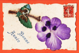 17485 / ⭐ BONNE ANNEE Violette Feuille Et Tige Ajouti Tissus Sur Carte Toilée 31-12-1912  - New Year