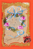 17490 / ⭐ Carte CELLULOID Bonne Année Roses Ruban 1908 - New Year