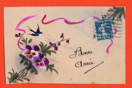 17489 / ⭐ Carte CELLULOID Bonne Année Hirondelle Violettes 1910s De Henriette GROS - Anno Nuovo