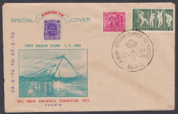 Inde India 1972 Special Cover First Cochin State Stamp, Fishing, Fisherman, Umbrella, Boat, Seashell, Pictorial Postmark - Cartas & Documentos