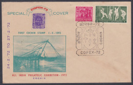 Inde India 1972 Special Cover First Cochin State Stamp, Fishing, Fisherman, Umbrella, Boat, Seashell, Pictorial Postmark - Briefe U. Dokumente