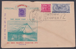 Inde India 1972 Special Cover First Cochin State Stamp, Fishing, Fisherman, Umbrella, Boat, Seashell, Pictorial Postmark - Covers & Documents