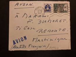 LETTRE Par Avion Pour La MARTINIQUE TP LE QUESNOY 15F + SAINTONGE 5F OBL.MEC.13-11 1957 PARIS VII - Posttarieven