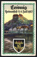 Künstler-AK Leisnig, Heimatfest 2.-4. Juli 1927, Ortsansicht, Wappen  - Leisnig