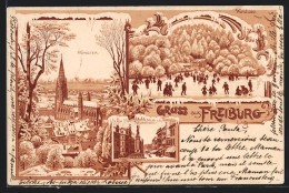 Winter-Lithographie Freiburg I. B., Kaiserstrasse, Waldsee, Münster  - Sonstige & Ohne Zuordnung