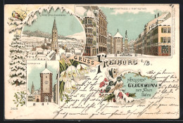 Winter-Lithographie Freiburg I. B., Kaiserstrasse U. Martinsthor, Münster Mit Schlossberg  - Otros & Sin Clasificación