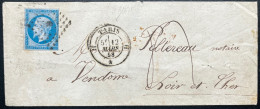 N°14 20c BLEU SUR ENVELOPPE / PARIS H POUR VENDOME / 12 MARS 1858 / LSC / TAXE 4 - 1849-1876: Klassik