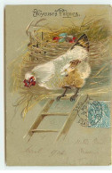 Carte Gaufrée - Joyeuses Pâques - Une Poule Descendant Une échelle - Pasen