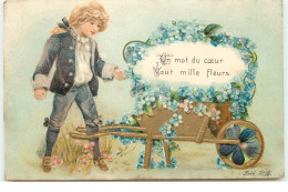 Carte Gaufrée - Un Mot Du Coeur Vaut Mille Fleurs - Garçon Près D'une Brouette Remplie De Fleurs - Otros & Sin Clasificación