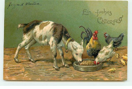 Carte Gaufrée - Pâques - Ein Frohes Osterfest - Une Chèvre Mangeant Avec Un Coq, Une Poule Et Des Poussins - Pasen