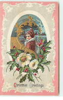 Carte Gaufrée - Christmas Greetings - Père Noël Dans Un Médaillon - Houx - Andere & Zonder Classificatie