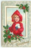 Carte Gaufrée - A Happy Christmas - Fillette Tenant Des Boules De Neige - Andere & Zonder Classificatie