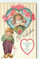 Carte Gaufrée - My Valentine - Fillette Dans Un Coeur, Et Un Garçon En Sabot - Valentine's Day