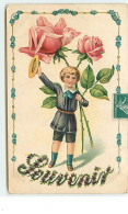 Carte Gaufrée - Souvenir - Garçon Tenant Des Roses - Autres & Non Classés