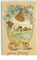 Carte Gaufrée - Joyeuses Pâques - Poussins Et Cloches - Pâques