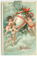 Carte Gaufrée - Joyeuses Pâques - Anges Apportant Un Oeuf - Pascua