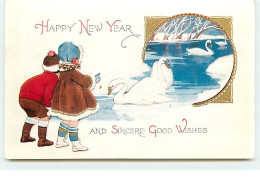 Carte Gaufrée - Happy New Year And Sincère Good Wishes - Enfants Regardant Des Cygnes - Nieuwjaar