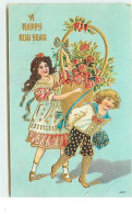 Carte Gaufrée - A Happy New Year - Enfants Portant Un Panier Rempli De Fleurs - New Year