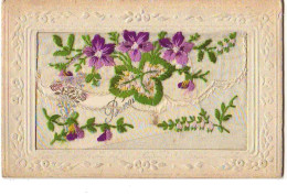 Carte Brodée Avec Rabat - Fleurs Violettes - Embroidered