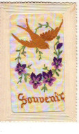 Carte Brodée - Souvenir - Hirondelle Et Fleurs - Embroidered