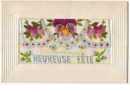 Carte Brodée - Heureuse Fête - Pensées - Embroidered