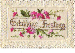 Carte Brodée - Gelukkige Feestdag - Fleurs - Embroidered