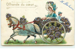 Carte Gaufrée - Offrande Du Coeur - Femme Conduisant Une Calèche Fleurie - Autres & Non Classés