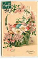 Carte Gaufrée - Pâques - Heureuses Pâques - Panier Rempli De Lilas Et D'Oeufs - Ostern