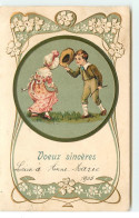 Carte Gaufrée - Décor Art Nouveau - Voeux Sincères - Garçon Saluant Une Jeune Fille - Other & Unclassified