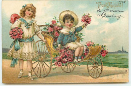 Carte Gaufrée - Nouvel An - Prosit Neujahr ! - Enfants Portant Des Bouquets De Roses - Nieuwjaar