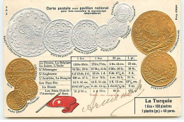 Carte Gaufrée - Turquie - Monnaies Et Drapeau Turc - Turquia