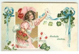 Carte Gaufrée - Souhaits Sincères - Jeune Fille Avec Des Lettres Et Un Panier Rempli De Fleurs - Sonstige & Ohne Zuordnung