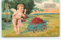 Carte Gaufrée - Partout Dans La Prairie ... Former Votre Bonheur - Cupidon Près D'une Brouette Remplie De Coeurs - Engel