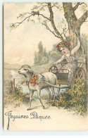 Carte Gaufrée - Joyeuses Pâques - Ange Dans Une Charrette Tirée Par Un Mouton - Pascua